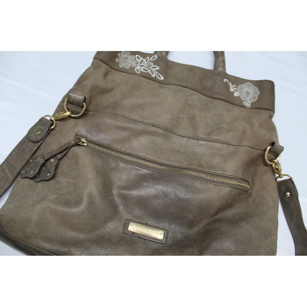 Isabella Fiore Brown Leather Embroidered Floral Tote Crossbody Bag Boho Brass
